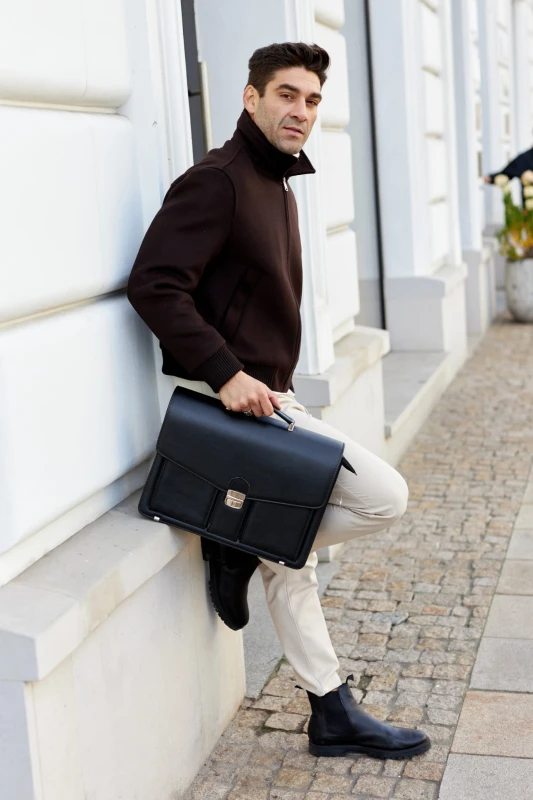 Duża Aktówka Męska Skórzana Tizano T02 – Czarna Torba na Dokumenty A4 i Laptopa