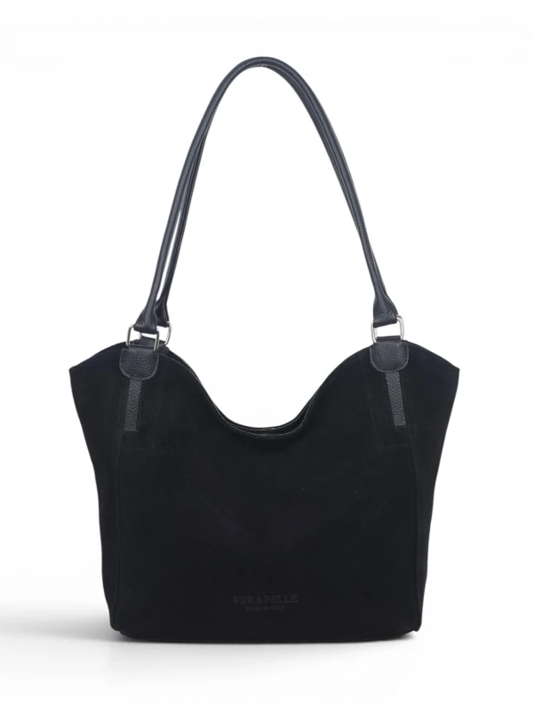 Włoska Torebka Skórzana A4 Vera Pelle – Zamszowy Shopper Bag | Skóra Naturalna | Czarna