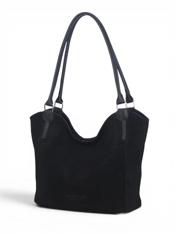 Włoska Torebka Skórzana A4 Vera Pelle – Zamszowy Shopper Bag | Skóra Naturalna | Czarna