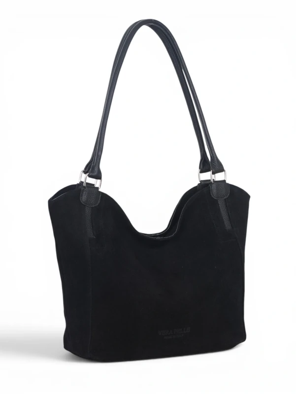 Włoska Torebka Skórzana A4 Vera Pelle – Zamszowy Shopper Bag | Skóra Naturalna | Czarna