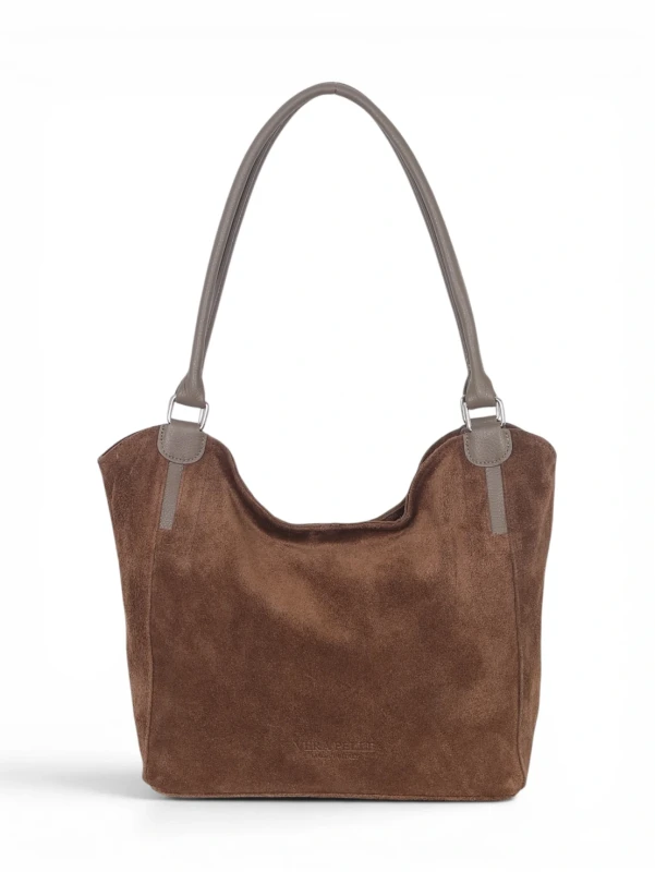 Włoska Torebka Skórzana A4 Vera Pelle – Zamszowy Shopper Bag | Skóra Naturalna | Taupe