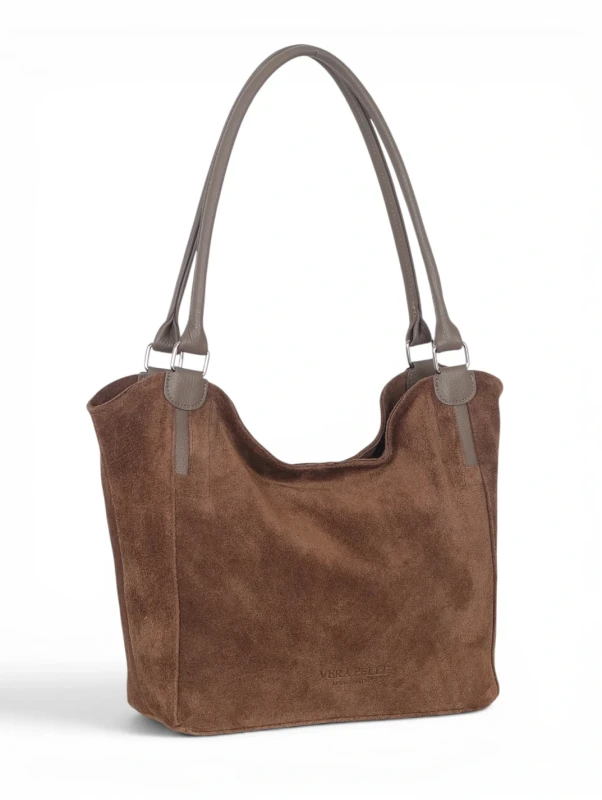 Włoska Torebka Skórzana A4 Vera Pelle – Zamszowy Shopper Bag | Skóra Naturalna | Taupe