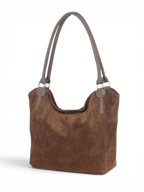 Włoska Torebka Skórzana A4 Vera Pelle – Zamszowy Shopper Bag | Skóra Naturalna | Taupe