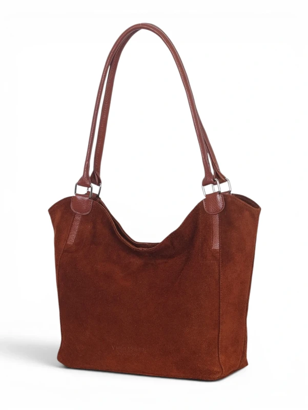 Włoska Torebka Skórzana A4 Vera Pelle – Zamszowy Shopper Bag | Skóra Naturalna | Brąz