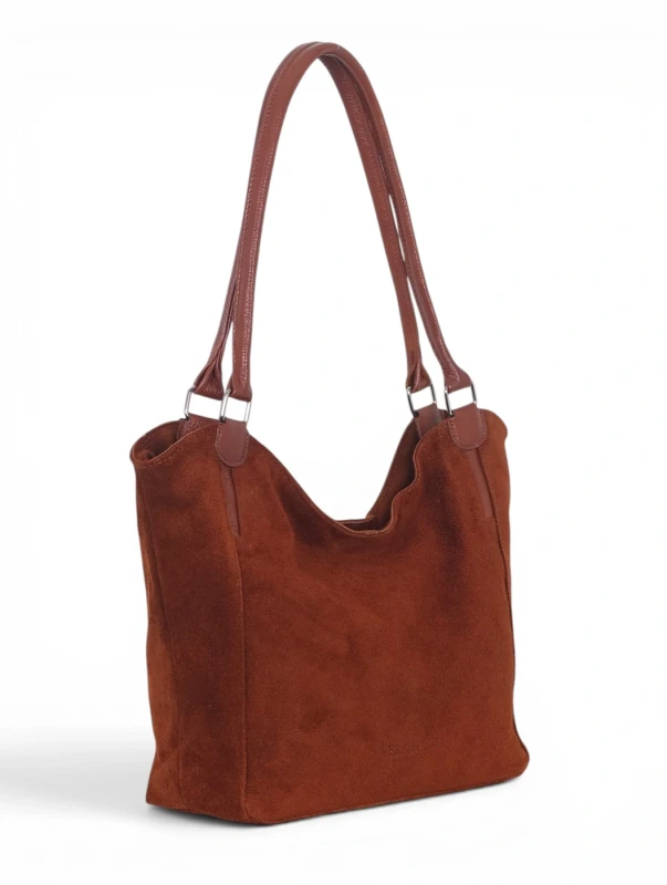 Włoska Torebka Skórzana A4 Vera Pelle – Zamszowy Shopper Bag | Skóra Naturalna | Brąz