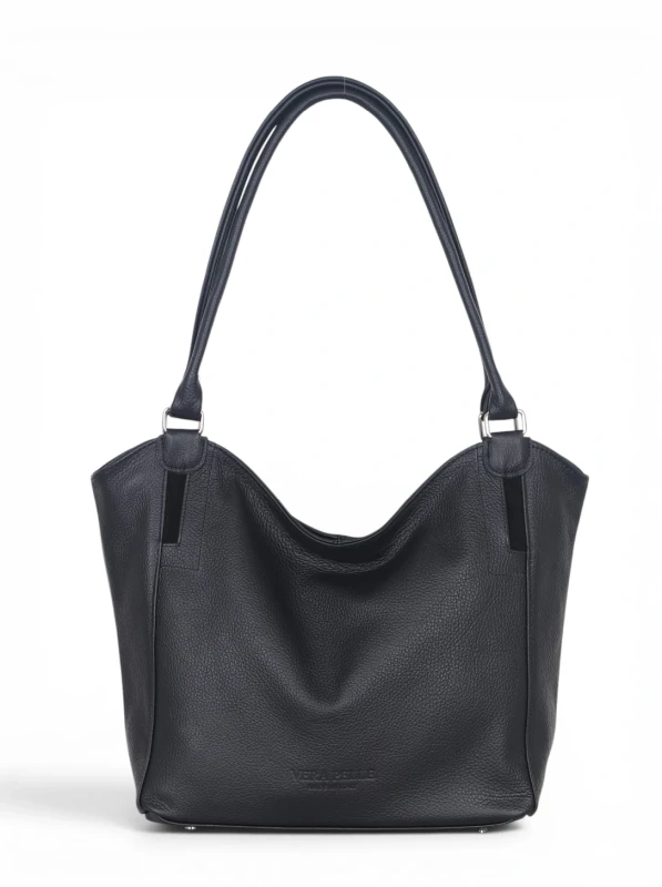 Włoska Torebka Skórzana A4 Vera Pelle – Klasyczny Shopper Bag | Skóra Groszkowa i Zamsz | Czarna