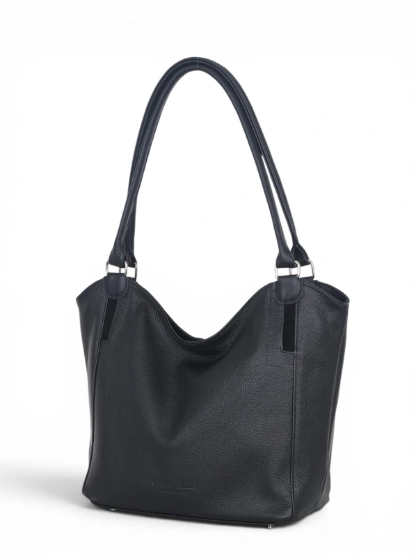Włoska Torebka Skórzana A4 Vera Pelle – Klasyczny Shopper Bag | Skóra Groszkowa i Zamsz | Czarna