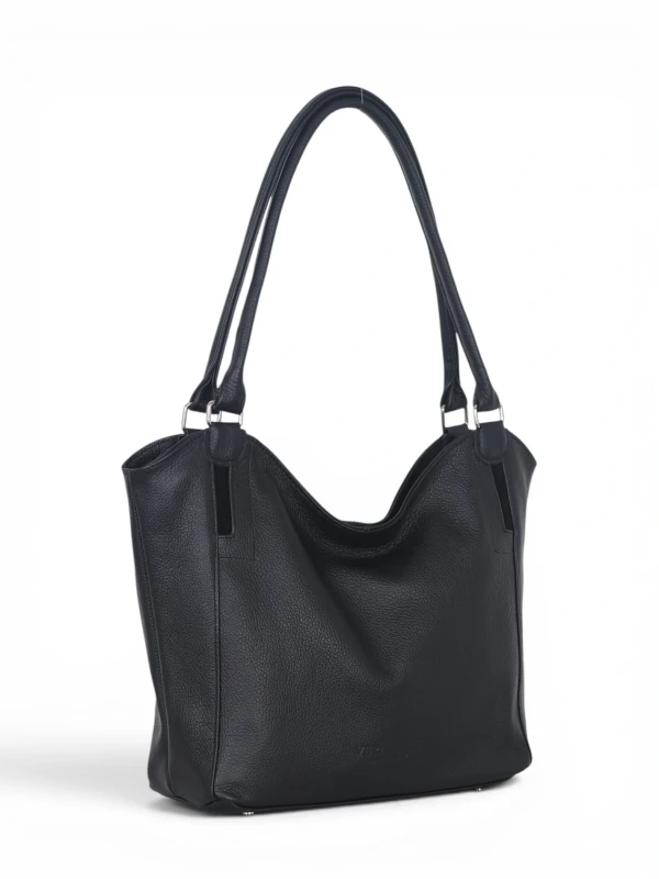 Włoska Torebka Skórzana A4 Vera Pelle – Klasyczny Shopper Bag | Skóra Groszkowa i Zamsz | Czarna