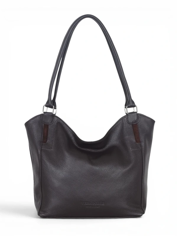 Włoska Torebka Skórzana A4 Vera Pelle – Klasyczny Shopper Bag | Skóra Groszkowa i Zamsz | Czekoladowy brąz