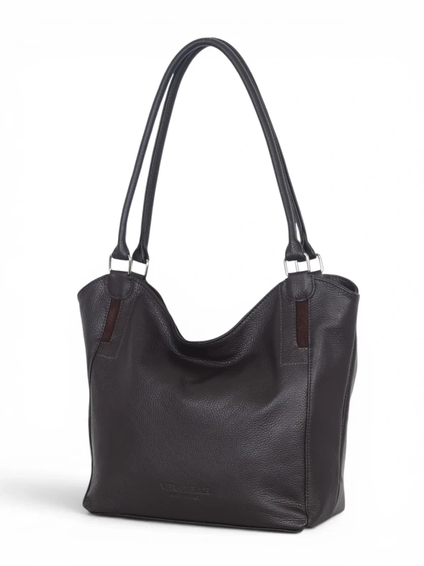 Włoska Torebka Skórzana A4 Vera Pelle – Klasyczny Shopper Bag | Skóra Groszkowa i Zamsz | Czekoladowy brąz