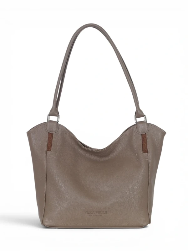 Włoska Torebka Skórzana A4 Vera Pelle – Klasyczny Shopper Bag | Skóra Groszkowa i Zamsz | Taupe