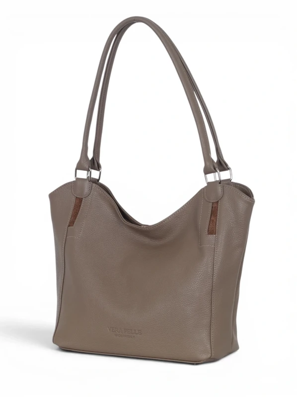 Włoska Torebka Skórzana A4 Vera Pelle – Klasyczny Shopper Bag | Skóra Groszkowa i Zamsz | Taupe