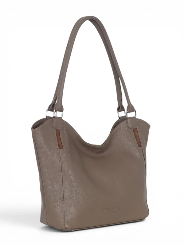 Włoska Torebka Skórzana A4 Vera Pelle – Klasyczny Shopper Bag | Skóra Groszkowa i Zamsz | Taupe