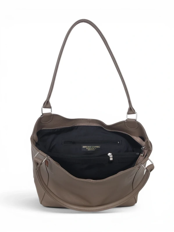 Włoska Torebka Skórzana A4 Vera Pelle – Klasyczny Shopper Bag | Skóra Groszkowa i Zamsz | Taupe