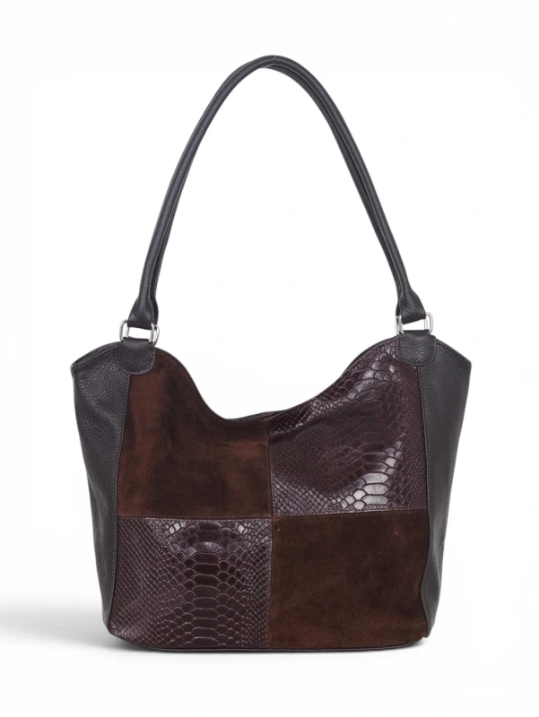 Włoska Torebka Skórzana A4 Vera Pelle – Zamszowy Shopper Bag Krokodyl | Skóra Naturalna | Czekoladowy brąz