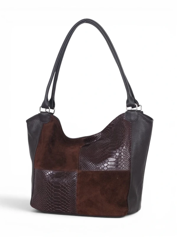 Włoska Torebka Skórzana A4 Vera Pelle – Zamszowy Shopper Bag Krokodyl | Skóra Naturalna | Czekoladowy brąz