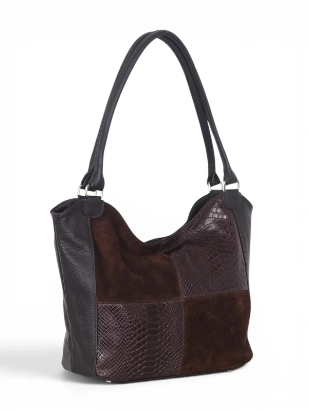 Włoska Torebka Skórzana A4 Vera Pelle – Zamszowy Shopper Bag Krokodyl | Skóra Naturalna | Czekoladowy brąz