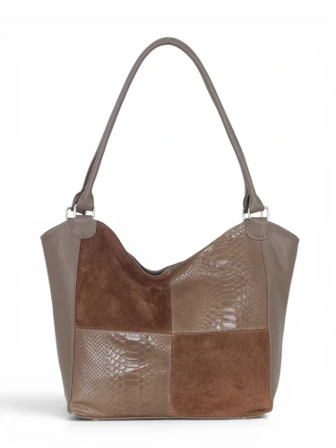 Włoska Torebka Skórzana A4 Vera Pelle – Zamszowy Shopper Bag Krokodyl | Skóra Naturalna | Taupe