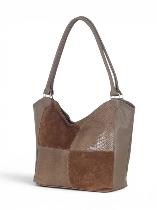 Włoska Torebka Skórzana A4 Vera Pelle – Zamszowy Shopper Bag Krokodyl | Skóra Naturalna | Taupe