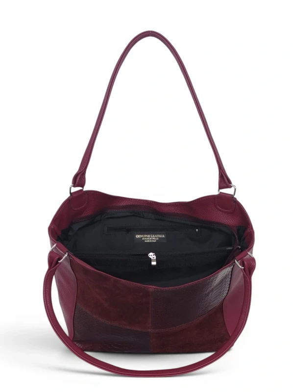 Włoska Torebka Skórzana A4 Vera Pelle – Zamszowy Shopper Bag Krokodyl | Skóra Naturalna | Burgund