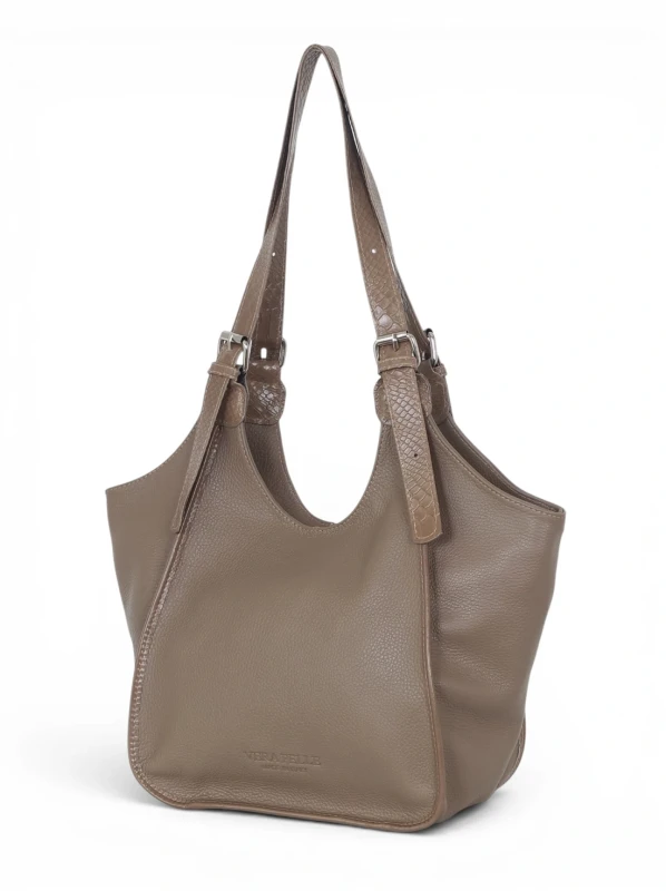 Włoska Torebka Skórzana Vera Pelle – Dwukomorowy Shopper | Skóra Naturalna | Taupe
