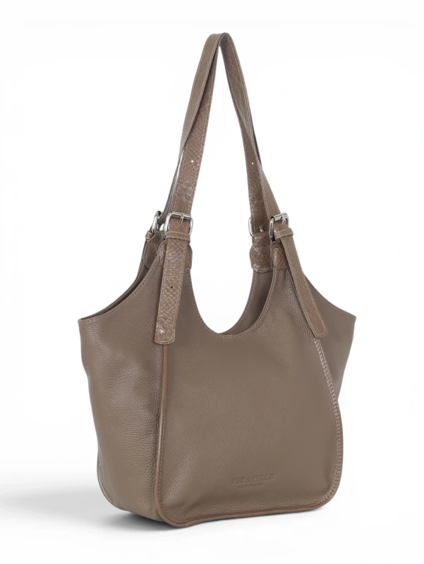 Włoska Torebka Skórzana Vera Pelle – Dwukomorowy Shopper | Skóra Naturalna | Taupe