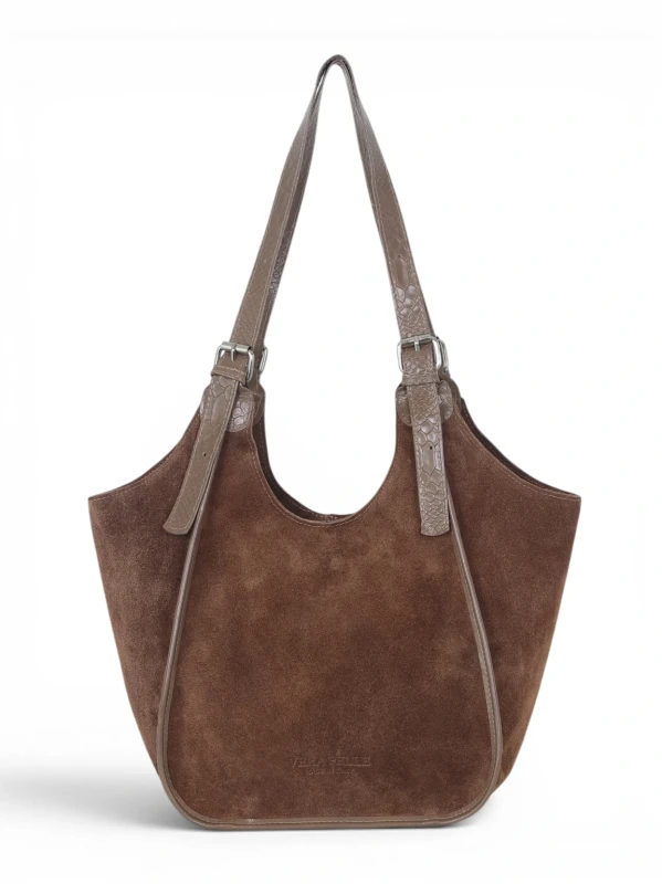 Włoska Torebka Skórzana Vera Pelle – Zamszowy Shopper z Wężowym Motywem | Taupe