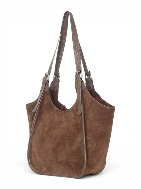 Włoska Torebka Skórzana Vera Pelle – Zamszowy Shopper z Wężowym Motywem | Taupe