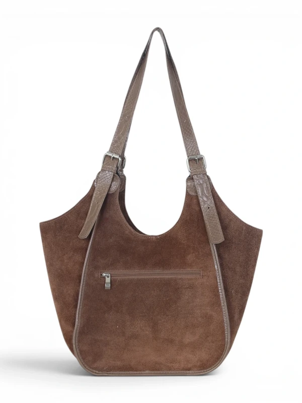 Włoska Torebka Skórzana Vera Pelle – Zamszowy Shopper z Wężowym Motywem | Taupe