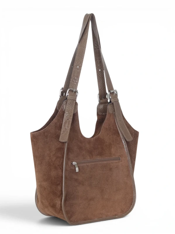Włoska Torebka Skórzana Vera Pelle – Zamszowy Shopper z Wężowym Motywem | Taupe