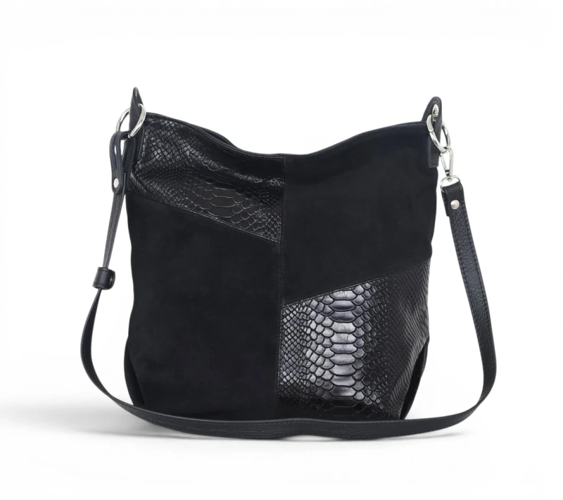 Włoska Torebka Worek Vera Pelle – Skórzany Hobo Bag | Zamsz i Skóra Naturalna