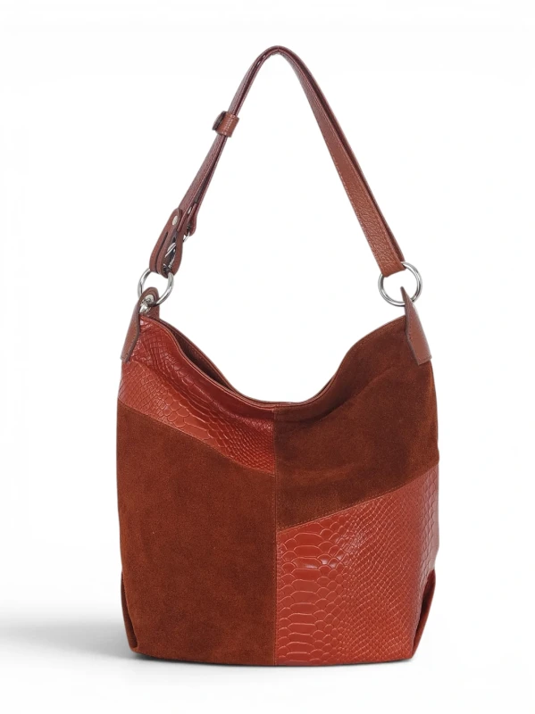 Włoska Torebka Worek Vera Pelle – Skórzany Hobo Bag | Zamsz i Skóra Naturalna | Brąz