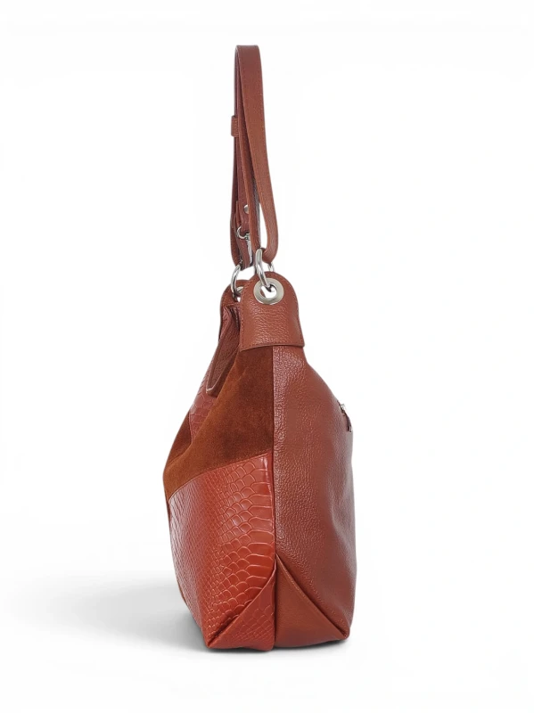 Włoska Torebka Worek Vera Pelle – Skórzany Hobo Bag | Zamsz i Skóra Naturalna | Brąz