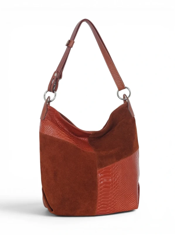 Włoska Torebka Worek Vera Pelle – Skórzany Hobo Bag | Zamsz i Skóra Naturalna | Brąz