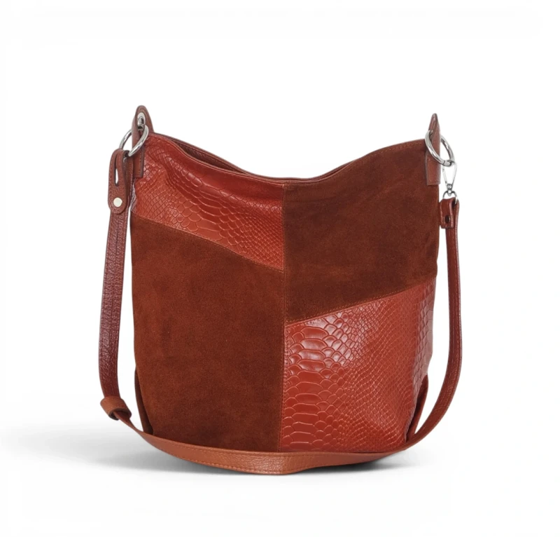 Włoska Torebka Worek Vera Pelle – Skórzany Hobo Bag | Zamsz i Skóra Naturalna | Brąz