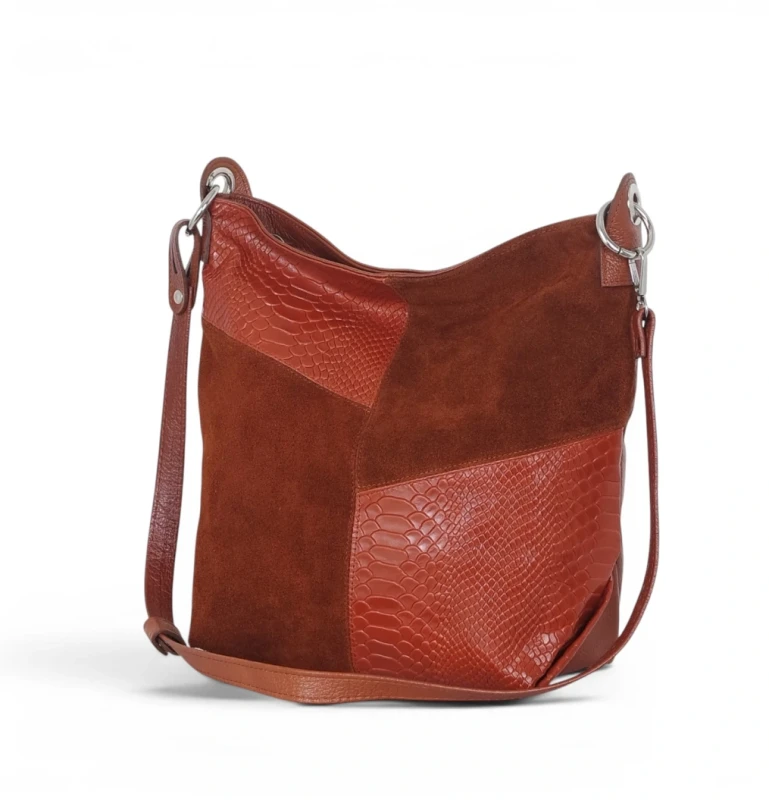 Włoska Torebka Worek Vera Pelle – Skórzany Hobo Bag | Zamsz i Skóra Naturalna | Brąz