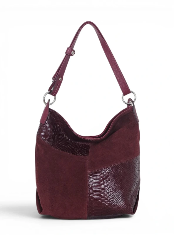 Włoska Torebka Worek Vera Pelle – Skórzany Hobo Bag | Zamsz i Skóra Naturalna | Burgund