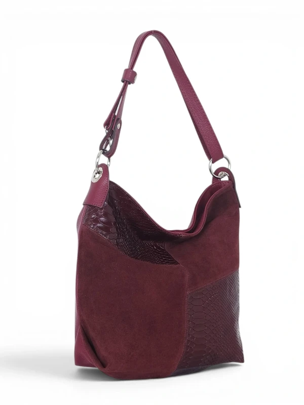 Włoska Torebka Worek Vera Pelle – Skórzany Hobo Bag | Zamsz i Skóra Naturalna | Burgund