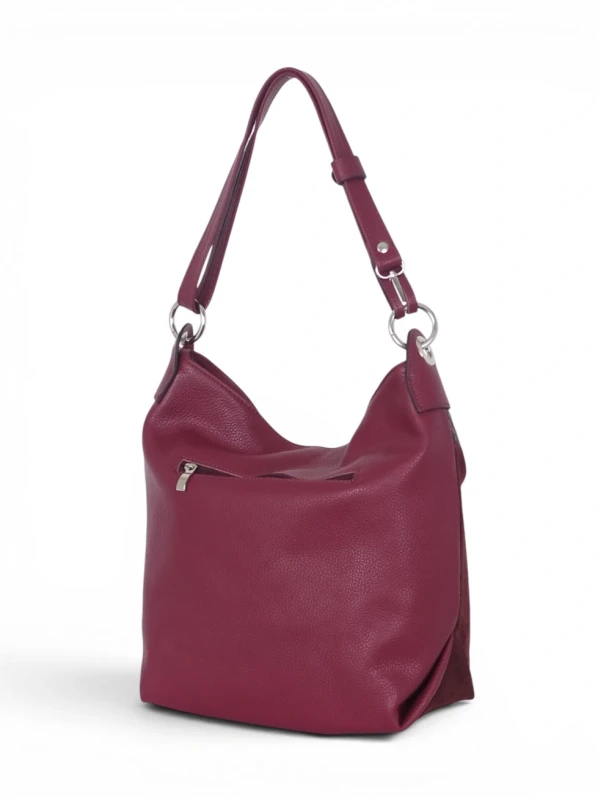 Włoska Torebka Worek Vera Pelle – Skórzany Hobo Bag | Zamsz i Skóra Naturalna | Burgund