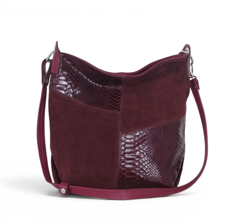 Włoska Torebka Worek Vera Pelle – Skórzany Hobo Bag | Zamsz i Skóra Naturalna | Burgund