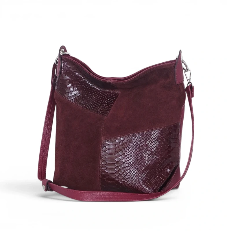 Włoska Torebka Worek Vera Pelle – Skórzany Hobo Bag | Zamsz i Skóra Naturalna | Burgund