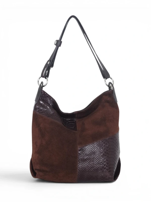 Włoska Torebka Worek Vera Pelle – Skórzany Hobo Bag | Zamsz i Skóra Naturalna | Czekoladowy brąz