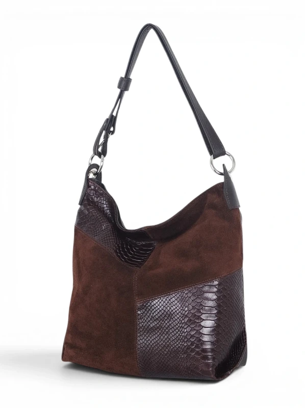 Włoska Torebka Worek Vera Pelle – Skórzany Hobo Bag | Zamsz i Skóra Naturalna | Czekoladowy brąz
