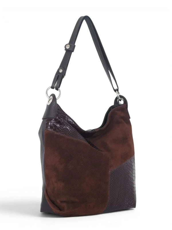 Włoska Torebka Worek Vera Pelle – Skórzany Hobo Bag | Zamsz i Skóra Naturalna | Czekoladowy brąz