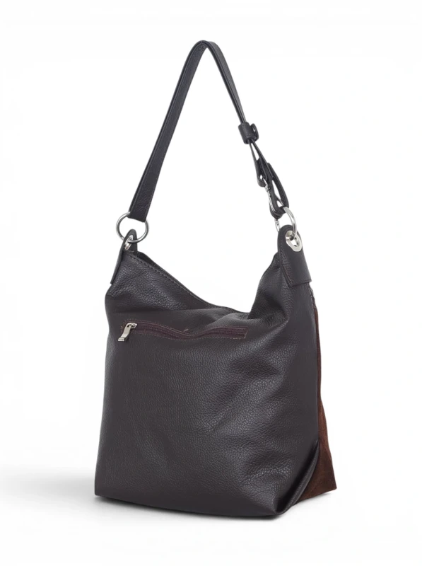 Włoska Torebka Worek Vera Pelle – Skórzany Hobo Bag | Zamsz i Skóra Naturalna | Czekoladowy brąz