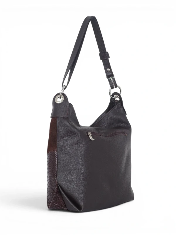 Włoska Torebka Worek Vera Pelle – Skórzany Hobo Bag | Zamsz i Skóra Naturalna | Czekoladowy brąz