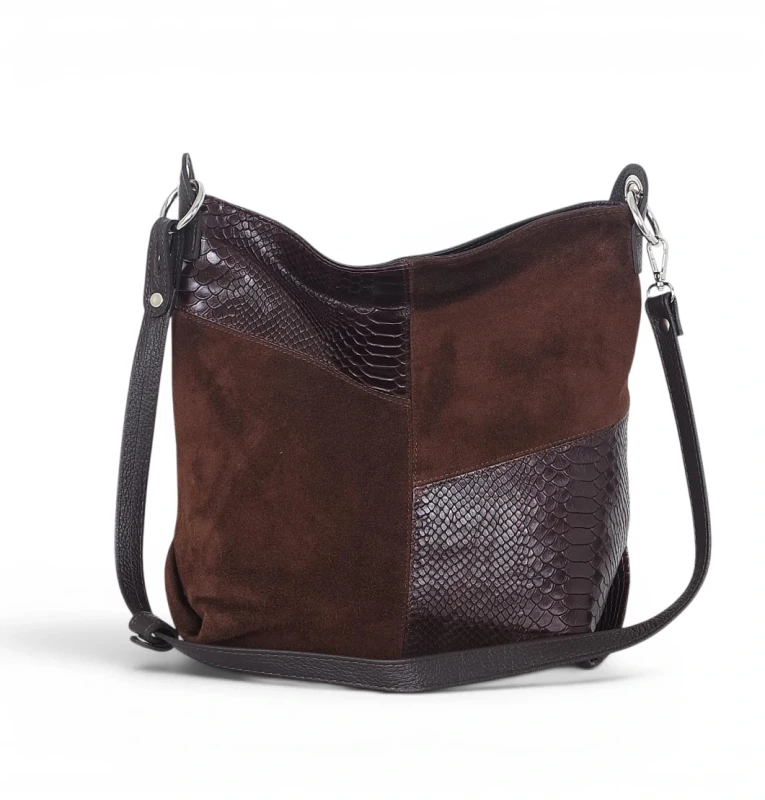 Włoska Torebka Worek Vera Pelle – Skórzany Hobo Bag | Zamsz i Skóra Naturalna | Czekoladowy brąz