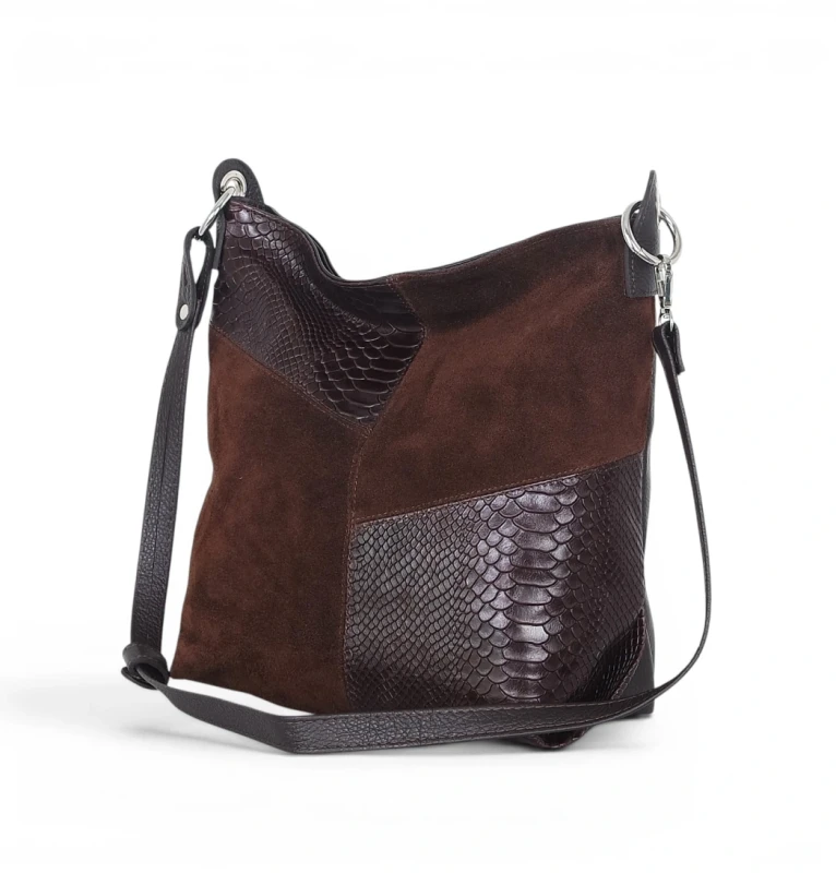 Włoska Torebka Worek Vera Pelle – Skórzany Hobo Bag | Zamsz i Skóra Naturalna | Czekoladowy brąz