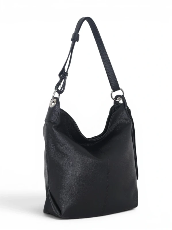 Włoska Torebka Worek Vera Pelle z Frędzlem – Skórzany Hobo Bag | Made in Italy | Czarna