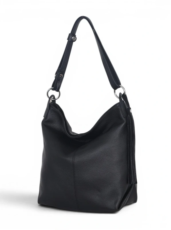 Włoska Torebka Worek Vera Pelle z Frędzlem – Skórzany Hobo Bag | Made in Italy | Czarna